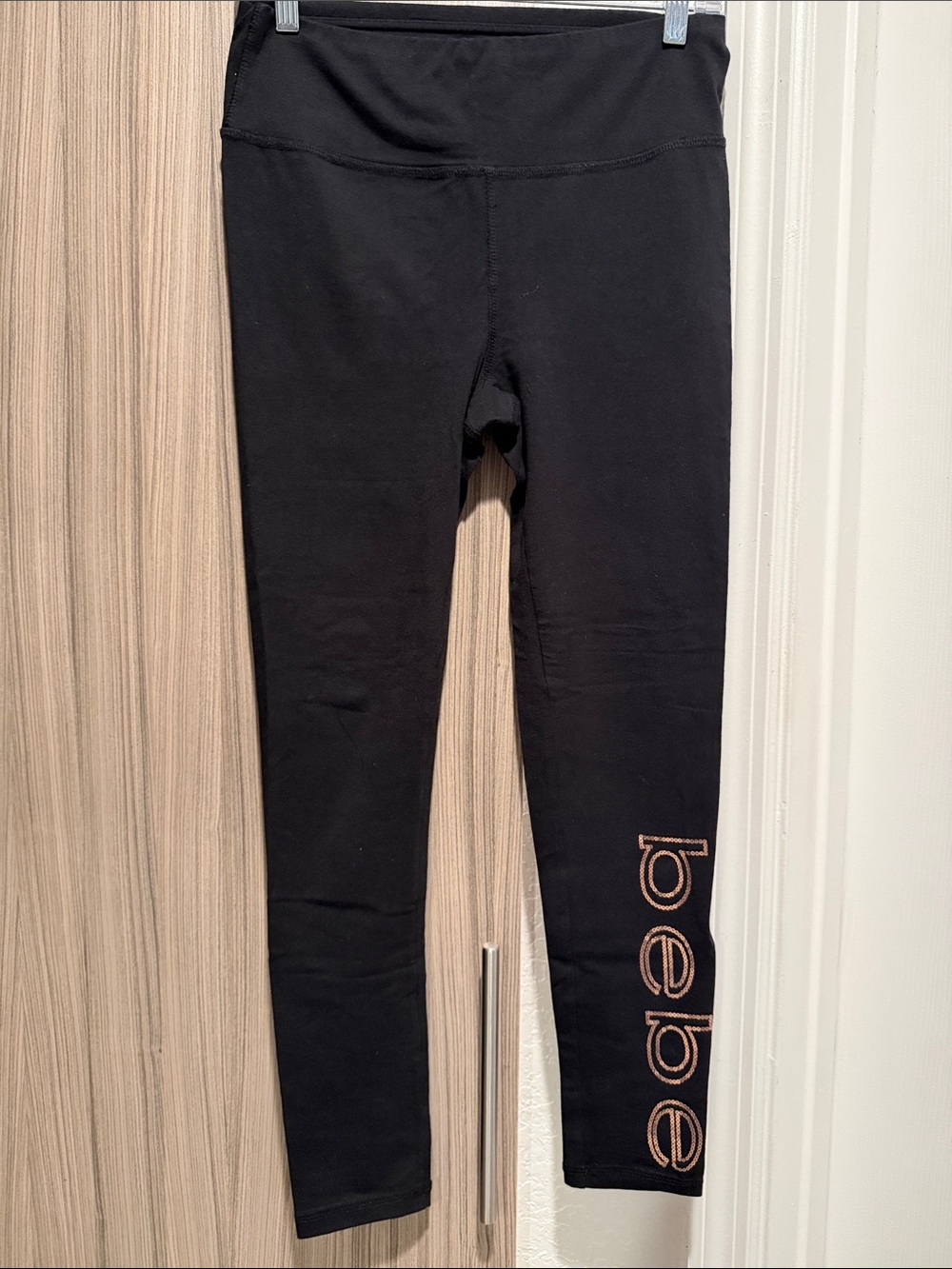 bebe Black Leggings with Rose-Gold Logo